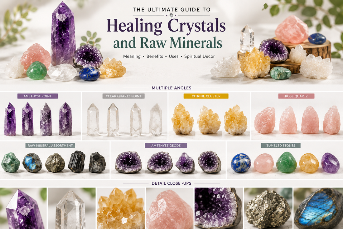 Healing crystals and raw minerals collage showing multiple angles of amethyst quartz citrine rose quartz and gemstone decor