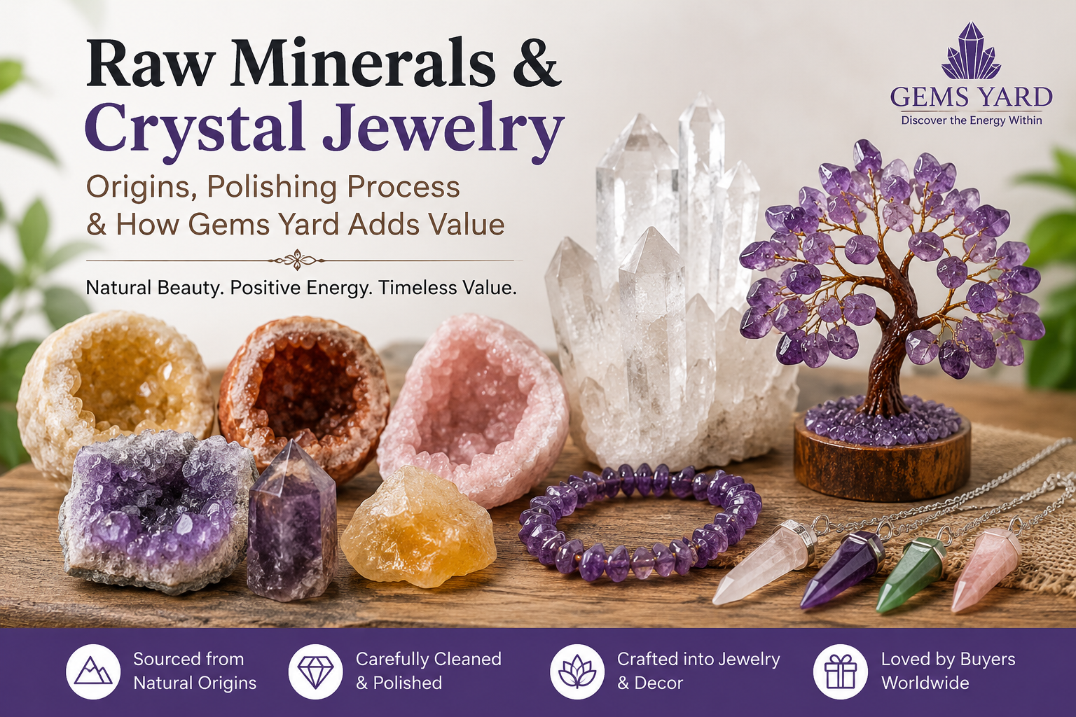 Raw minerals and crystal jewelry guide featuring quartz clusters, amethyst bracelet, crystal pendulums, and gemstone decor