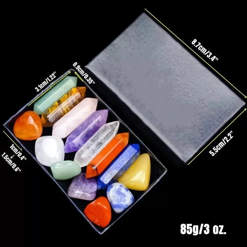 Set of colorful crystals in a black box with measurements and weight displayed.