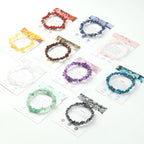Set of colorful beaded bracelets on cards with descriptions on a white background
