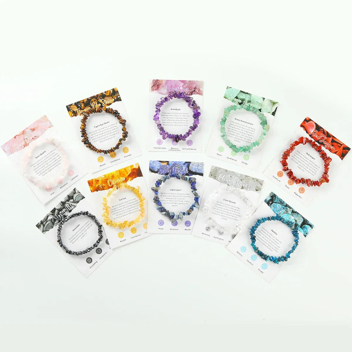 Collection of colorful bracelets on cards with descriptions on a white background