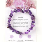 Amethyst bracelet with crystal background and benefits listed