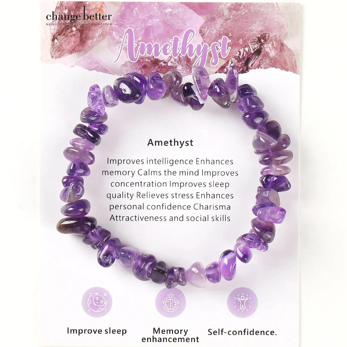 Amethyst bracelet with crystal background and benefits listed