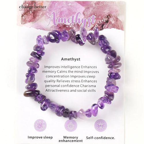 Amethyst bracelet with crystal background and benefits listed