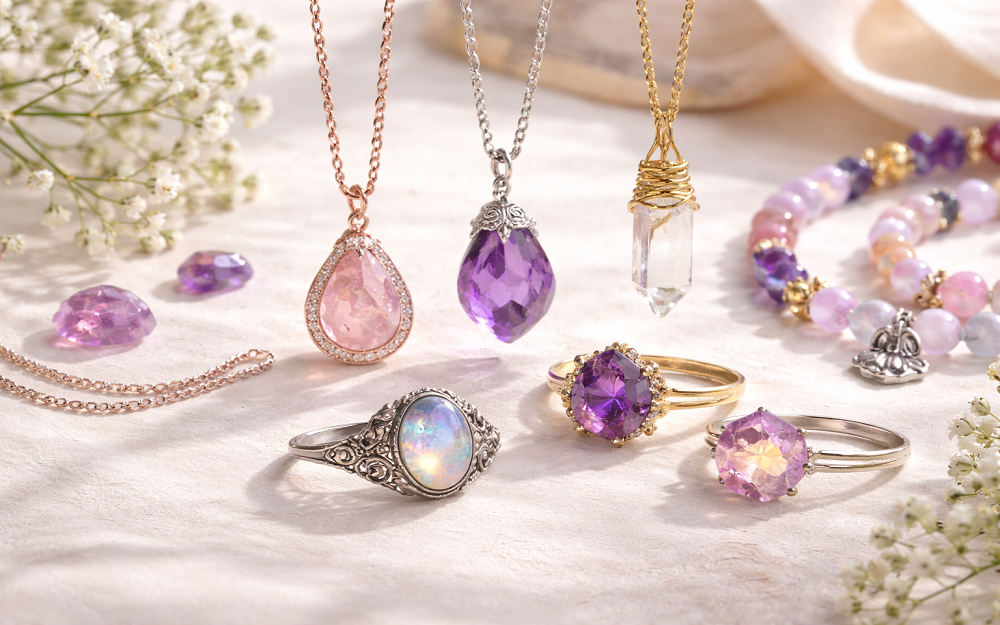 Assorted jewelry including necklaces, rings, and bracelets on a light surface with flowers.