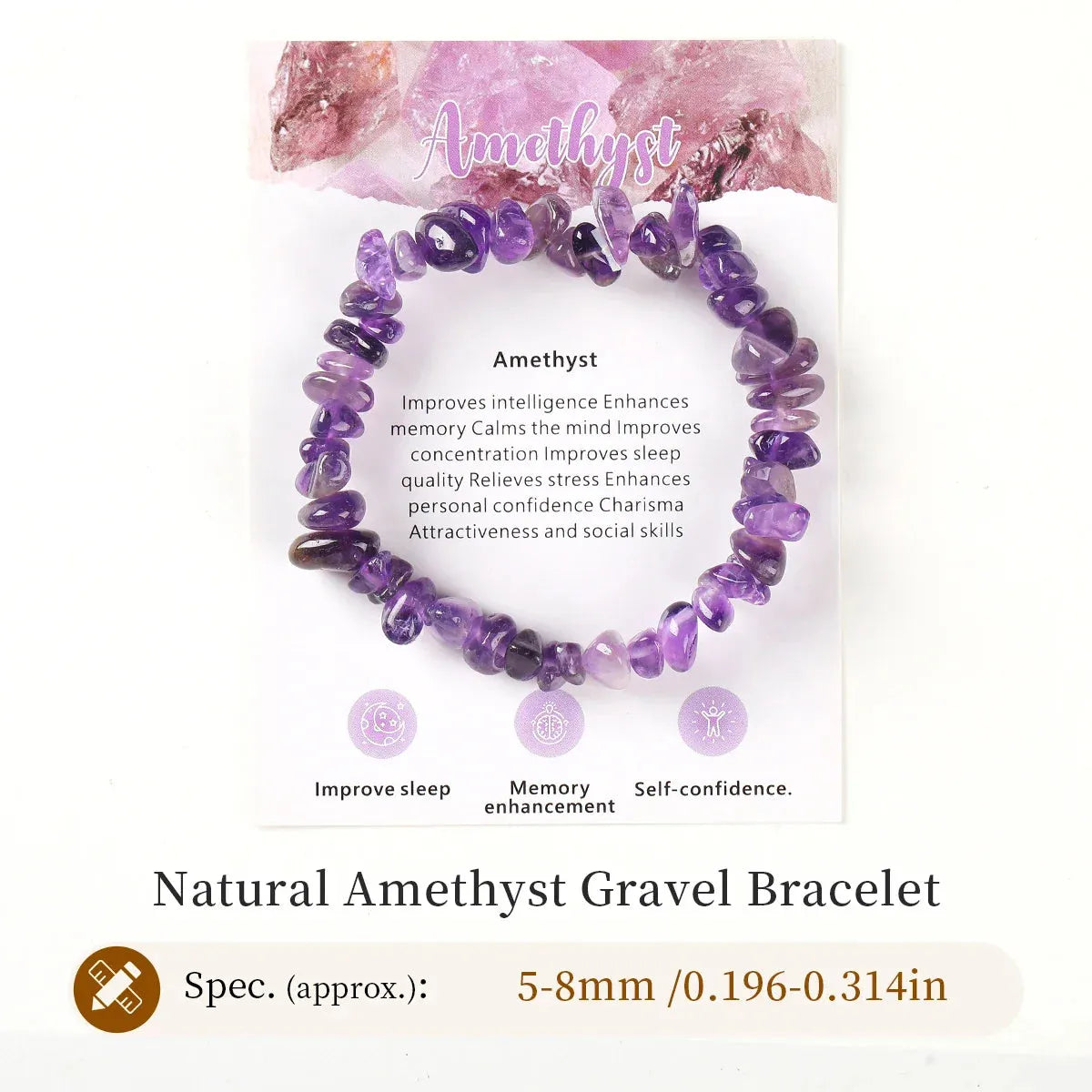 Amethyst gravel bracelet with therapeutic benefits on a white background
