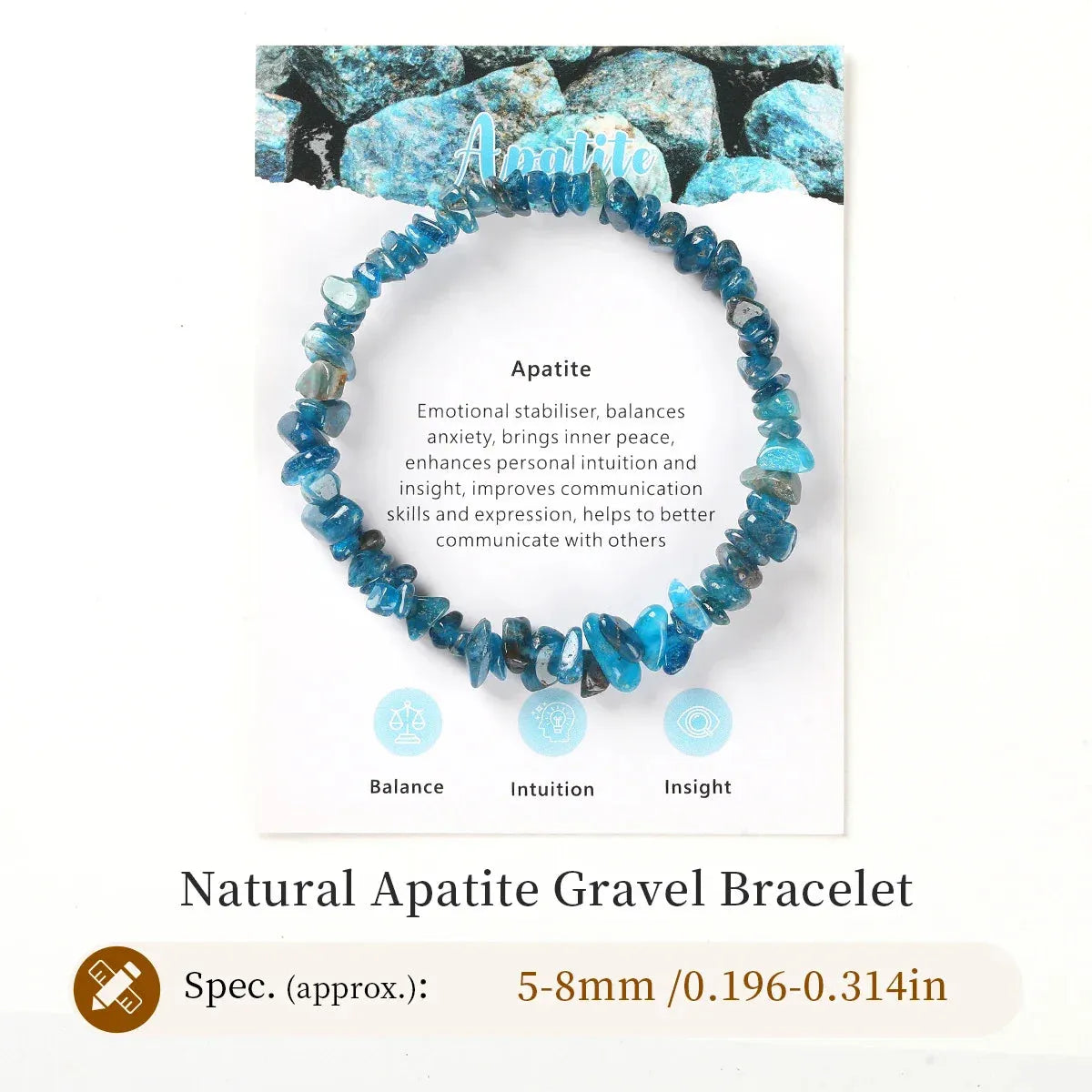 Natural Apatite Gravel Bracelet with stone background and product details.