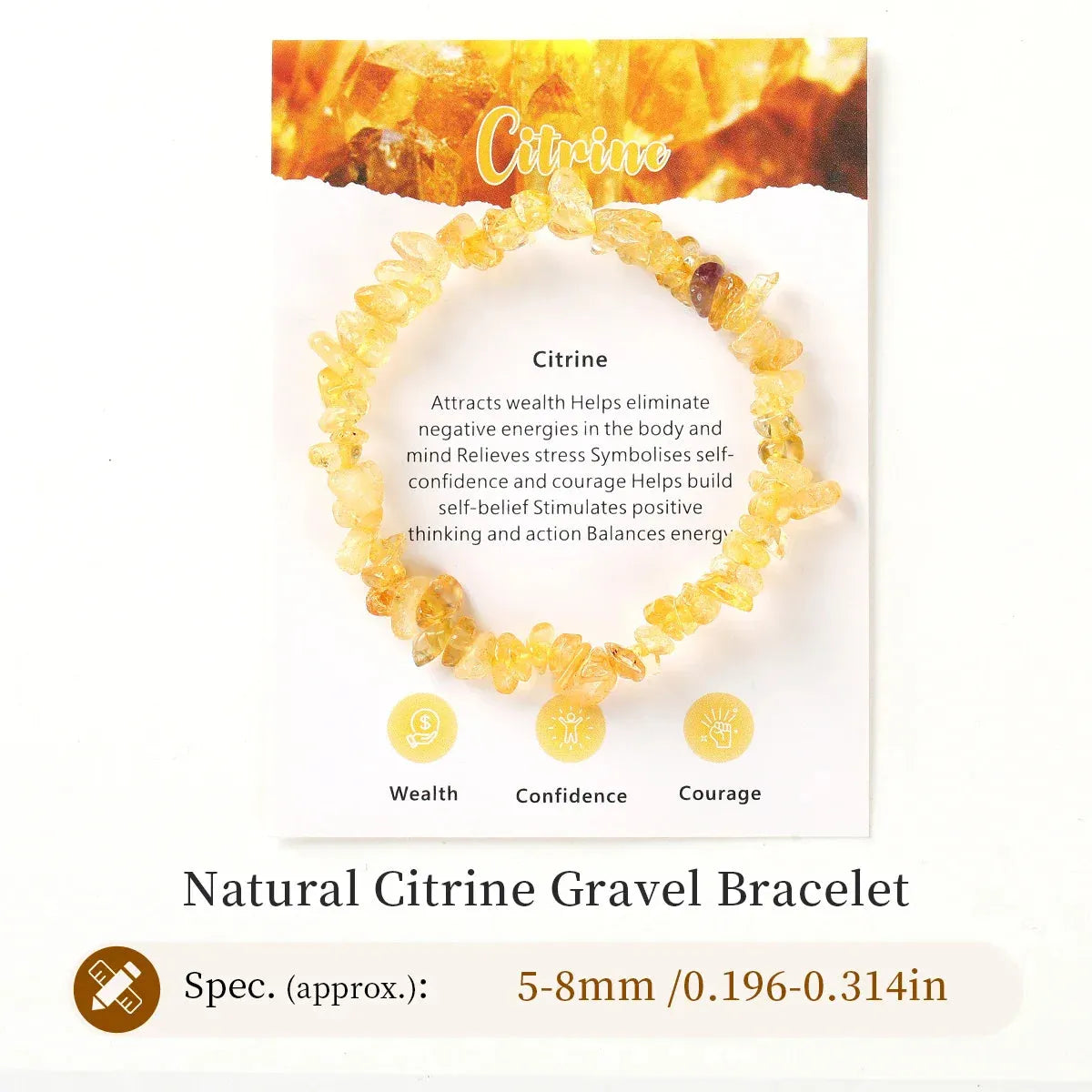 Citrine gravel bracelet with its benefits and specifications on a white background