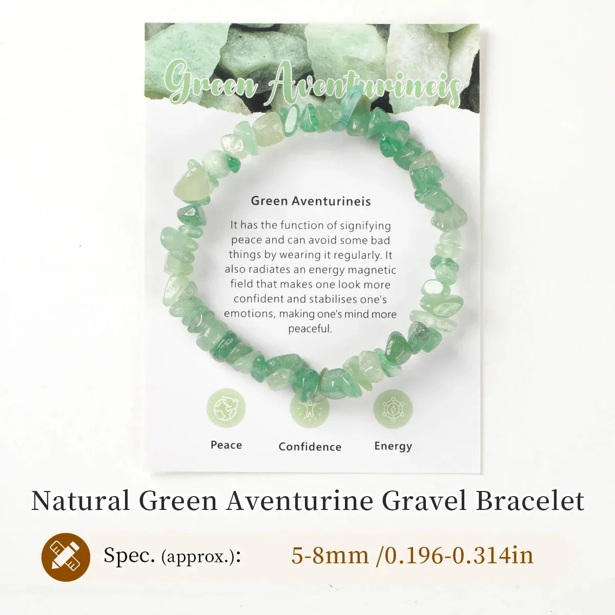 Green aventurine bracelet with text on a white background