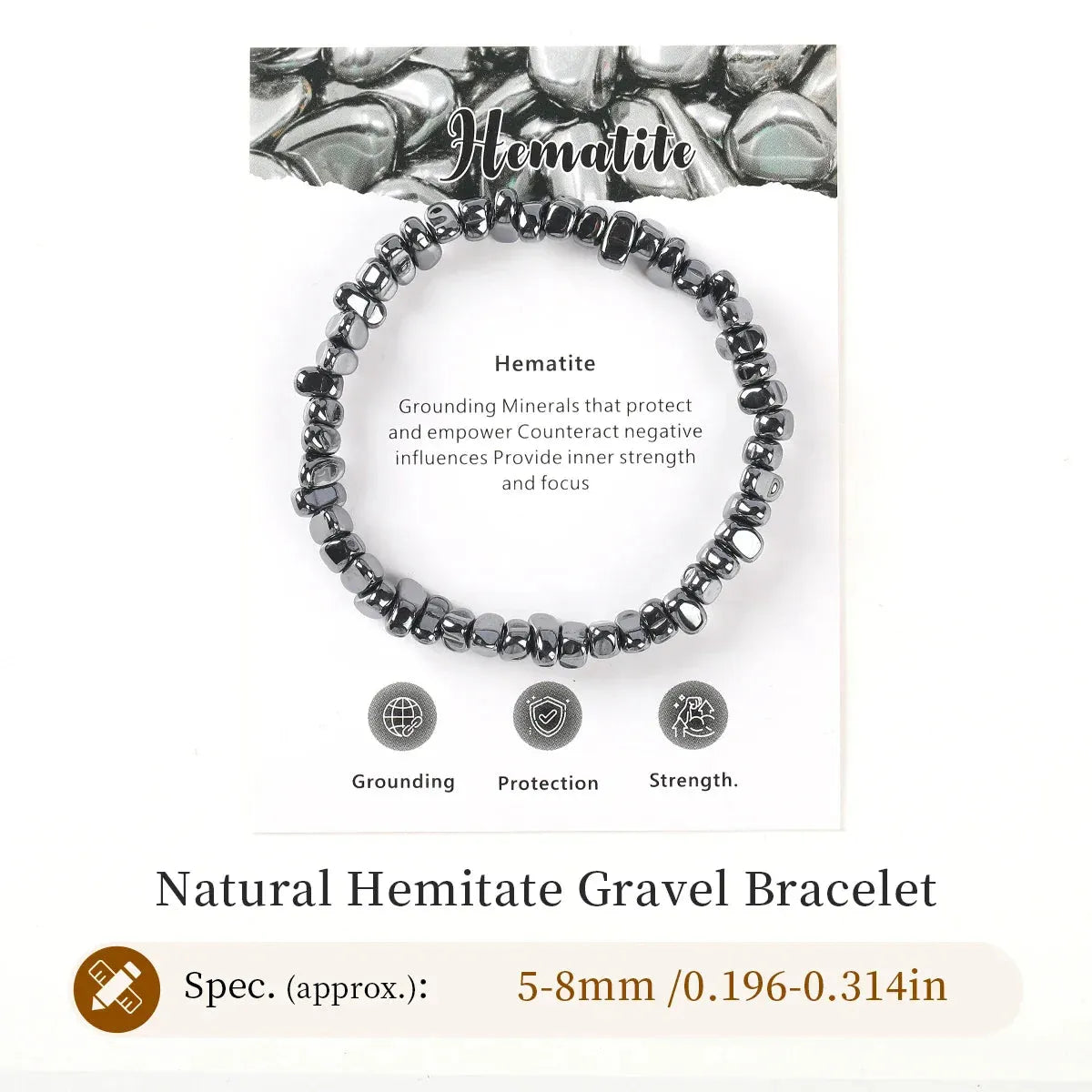 Hemitite gravel bracelet with descriptive text on a white background