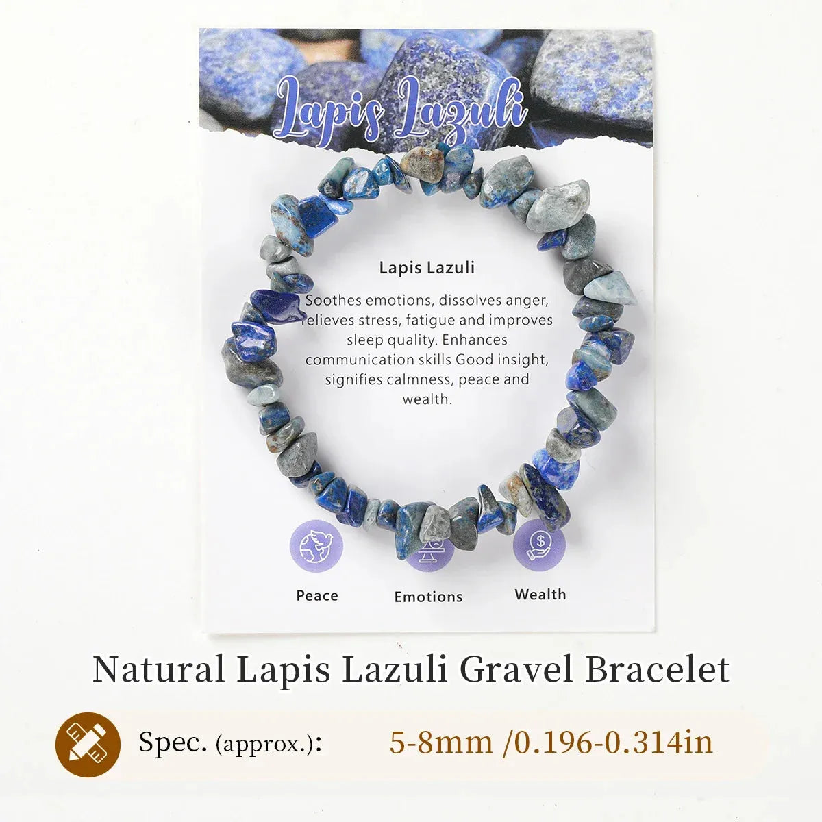 Lapis Lazuli gravel bracelet on a white background with product details.