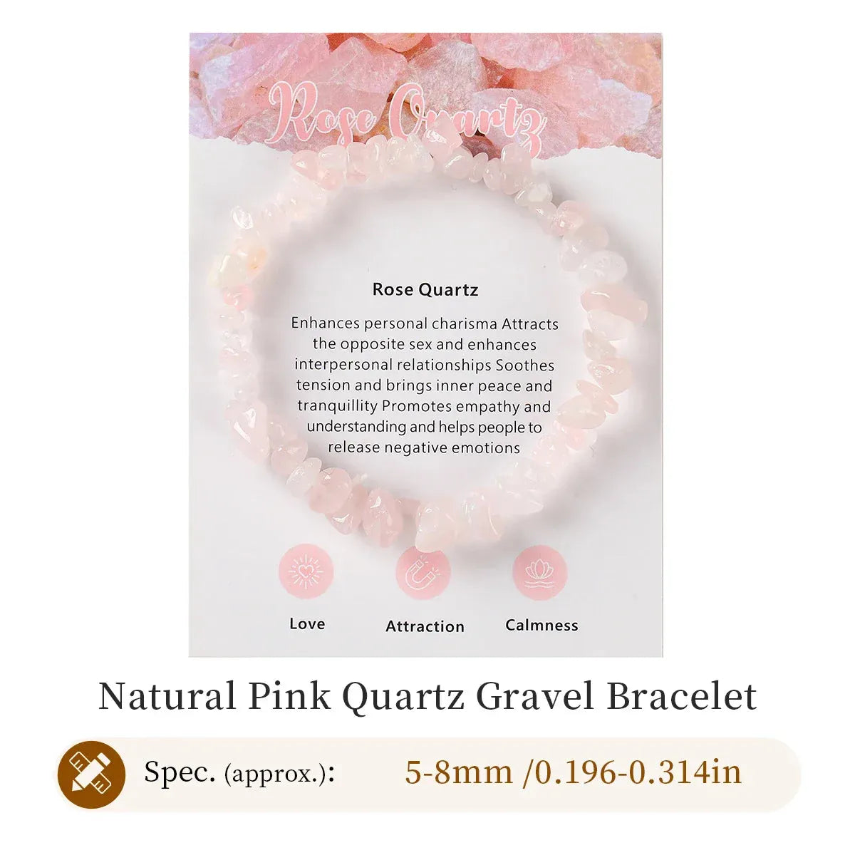 Rose Quartz natural pink quartz gravel bracelet with descriptive text on a white background