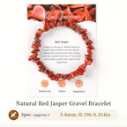 Red Jasper gravel bracelet on a white background with product details.