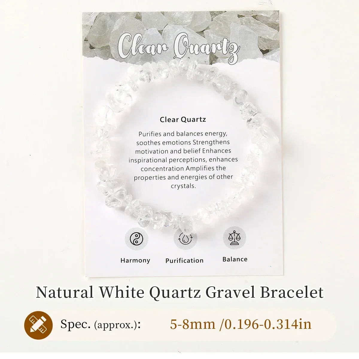 Natural White Quartz Gravel Bracelet with crystal background and text about properties.
