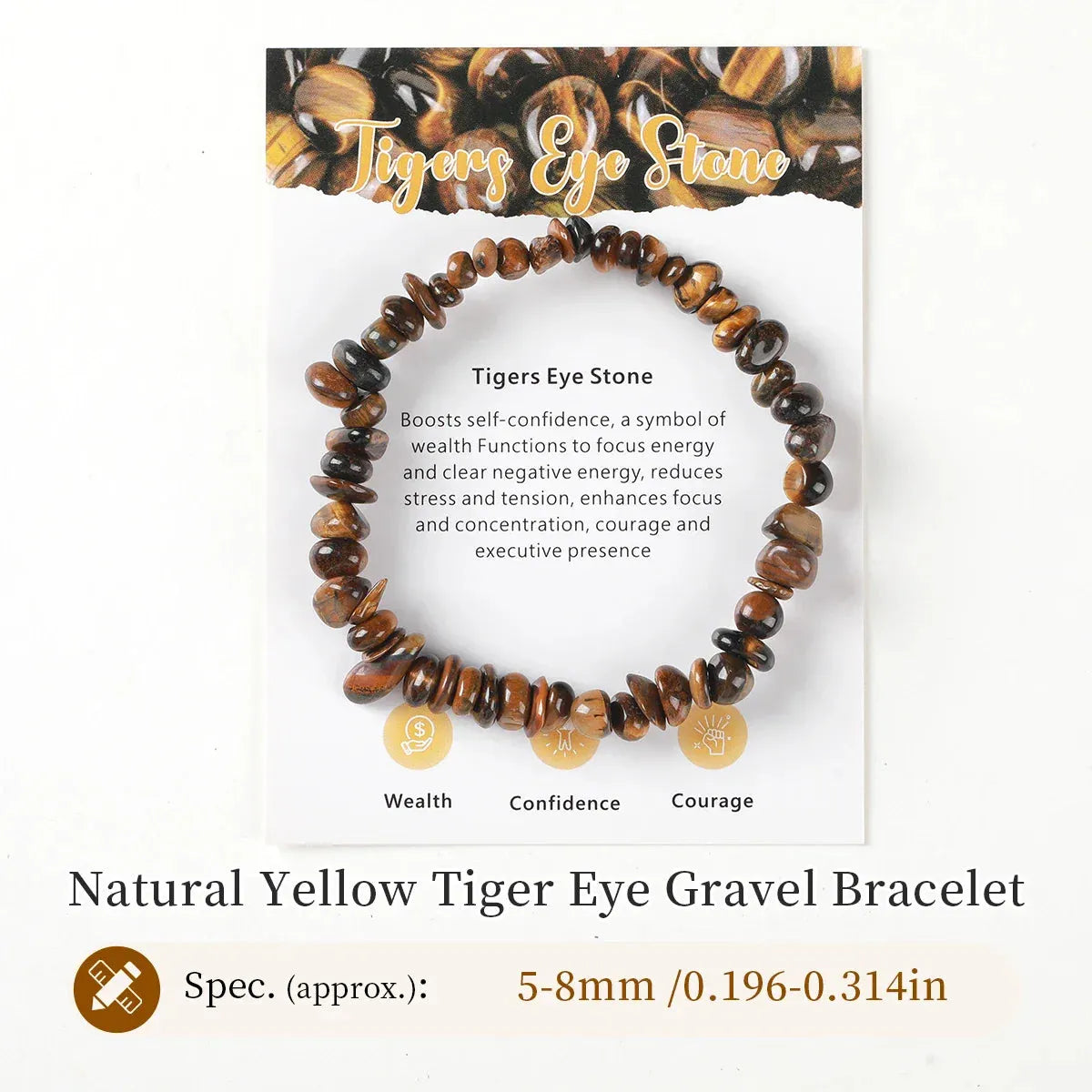 Natural Yellow Tiger Eye Gravel Bracelet on a white background with product details.