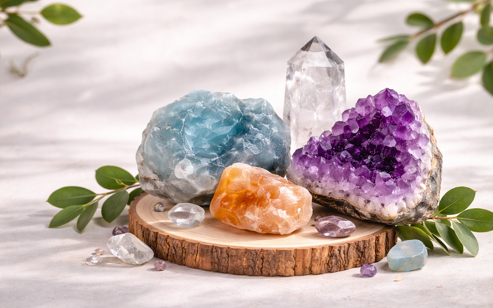 Collection of crystals including amethyst, quartz, and calcite on a wooden stand with leaves.
