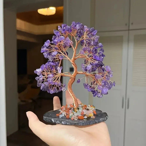 Amethyst crystal money tree feng shui decor purple gemstone tree held in hand home office