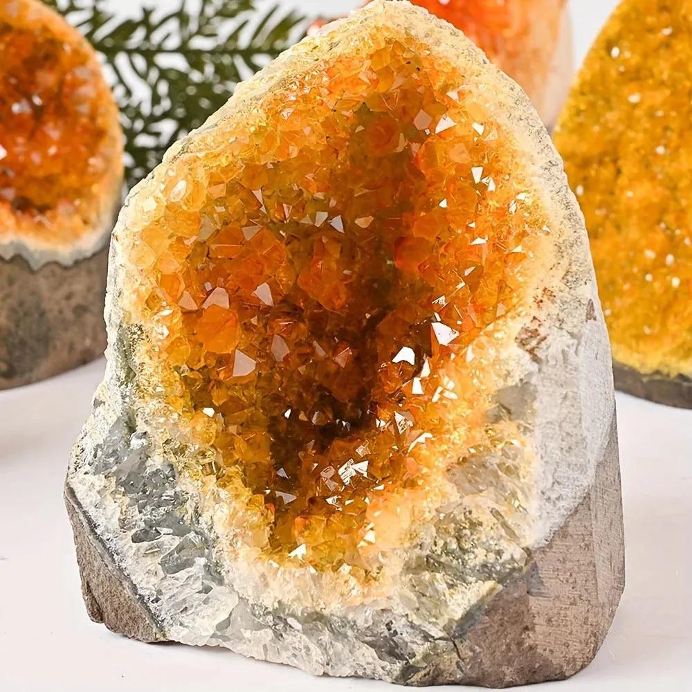 natural citrine quartz geode crystal cluster with orange drusy