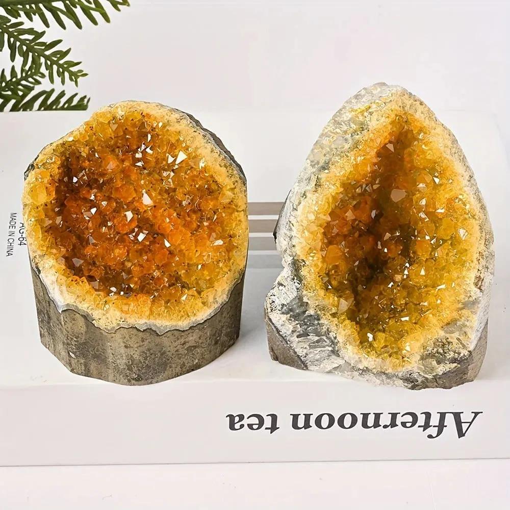 citrine quartz geode crystal cluster pair display natural stone