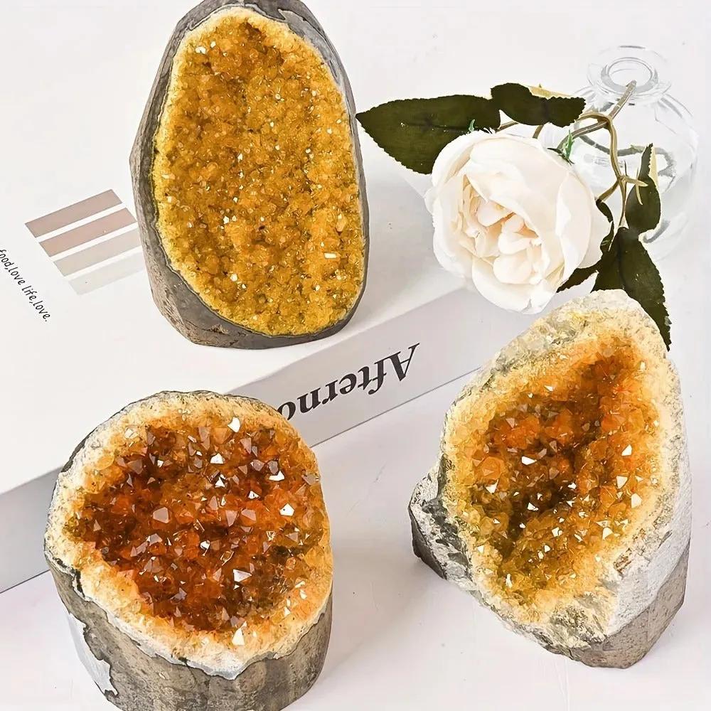 citrine quartz geode crystal cluster set for home decor display