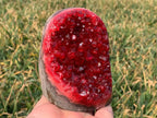 red quartz geode druzy crystal cluster close front view