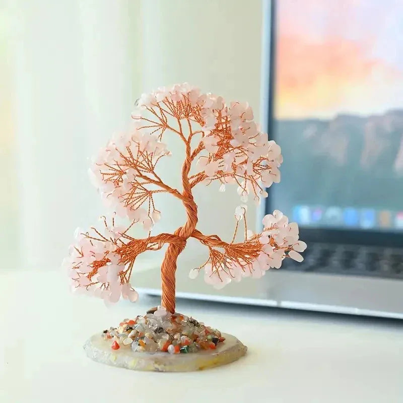 Rose quartz crystal money tree feng shui decor pink gemstone tree on desk home office
